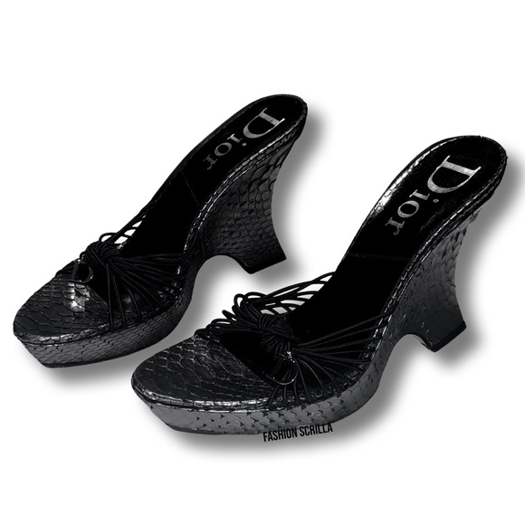 Dior John Galliano Vintage Black Python Embellished Charm Sandal Platform Heels - Picture 11 of 14